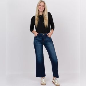 Risen Mid Rise Crop Straight Raw Hem Deep Blue Boutique